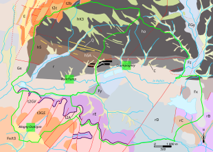 Carte en couleurs montrant le zonage géologique d'un territoire.