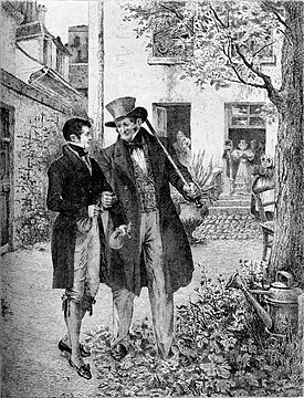 Vautrin avec Rastignac dans la cour de la pension Vauquer (Le Père Goriot)