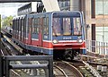 DLR train approaching Canary Wharf.