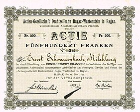 share certificate issued 1892 of Actien-Gesellschaft Drahtseilbahn Ragaz-Wartenstein