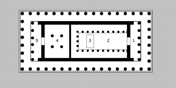 Plan du Parthénon : 1) Pronaos (côté est) 2) Naos hécatompédos néos (côté est) 3) Statue chryséléphantine d'Athéna Parthénos 4) Parthénon (salle des vierges, trésor) (côté ouest) 5) Opisthodome (côté ouest)