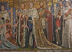 Wilhelm I. auf dem Wandmosaik der Kaiser-Wilhelm-Gedächtniskirche in Berlin, hinter ihm steht rechts sein Nachfolger Friedrich III. Ganz rechts im Vordergrund sind Wilhelm II. und dessen Gemahlin Auguste Victoria positioniert.