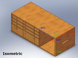 用等軸測投影描繪一件大致成方柱噉形嘅傢俬；由幅 2D 圖望，好似件嘢嘅三條軸彼此間成 120° 角。