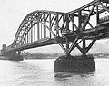 As a support for the Ludendorff Bridge over the Rhine River, Remagen, Germany, before collapse (1945)