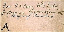 A rectangular calling card printed with «Marquess of Queensberry» in copperplate script.