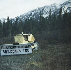 Welcome sign made on an old bulldozer