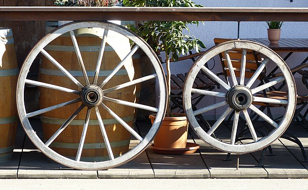 Wagon Wheels decorate the front of the Riverside Saloon in Root, Switzerland