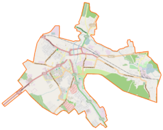 Mapa konturowa Słonima, w centrum znajduje się punkt z opisem „Sobór Trójcy Świętej”