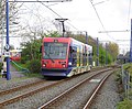 A Midland Metro tram departing from West Bromwich.