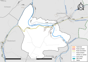 Carte en couleur présentant le réseau hydrographique de la commune