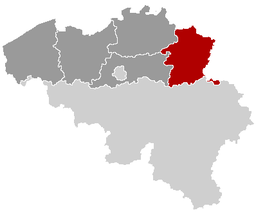 Provinsen Limburg (rött) i regionen Flandern (mörkgrått) och Belgien.