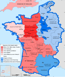 Multi-coloured map of 12th-century France and southern England