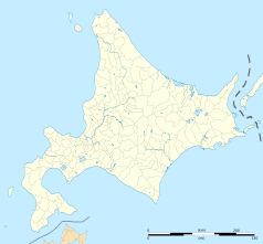 Mapa konturowa Hokkaido, u góry znajduje się punkt z opisem „Okoppe”