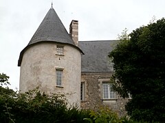 Vue en contre-plongée d'un château de sa tour ronde, en partie masqués par des arbres.