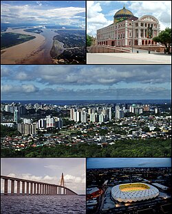 Kiri atas: Teater Amazon; kanan atas: Manaus dari Cidade Nova; kiri kedua: Jembatan Manaus–Iranduba dan Rio Negro; kanan ke-2: kapal tamasya di Meeting of Waters; kiri ke-3: Rio Negro; kanan ke-3: Katedral San Sebastian; bawah: area Nossa Senhora das Graças.