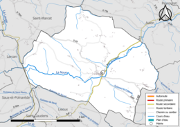 Carte en couleur présentant le réseau hydrographique de la commune