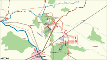 Map of the area north-east of Warsaw, south-west of Modlin, with Radzymin and Wołomin in the centre. Main Russian attacks of August 14 marked with arrows.