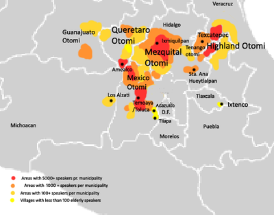 áreas com maiores populaces falantes Otomi vão do oeste da Cidade do México, area de Toluca, norte de Hidalgo Central, noroeste das divisas entre os estados de Hidalgo, Puebla, Vera Cruz. As maiores concentrações estão no noroeste do Estado do México, sul de Querétaro, Hidalgo central e noroeste de Veracruz.