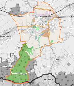 Mapa konturowa Prudnika, u góry znajduje się punkt z opisem „ZPB „Frotex” S.A.”