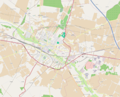 Mapa konturowa Kutna, blisko centrum u góry znajduje się punkt z opisem „Parafia św. Jana Chrzciciela”