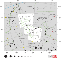 Diagram showing star positions and boundaries of the Lupus constellation and its surroundings