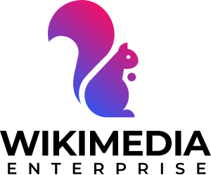 Wikimedia Enterprise logo, a stylised blue/violet/red squirrel looking right, with the words WIKIMEDIA ENTERPRISE written below in black