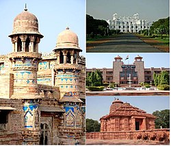 Clockwise from left:Gwalior Fort, The Jai Vilas Palace, High Court and Sun Temple