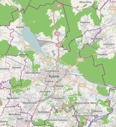 Mapa konturowa Rybnika, po prawej nieco u góry znajduje się punkt z opisem „Parafia św. brata Alberta”