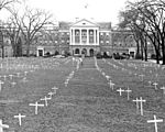 Burol ng Bascom, 1968, na may mga krus na inilagay bilang pagprotesta ng mga mag-aaral ang Vietnam War