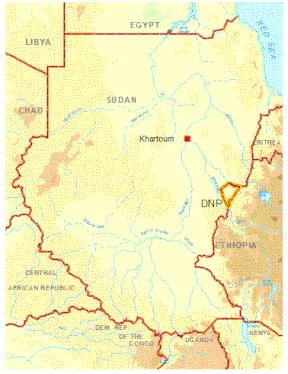 Lage des Dinder-Nationalparks in Sudan in den Grenzen vor der Abspaltung des Südsudans