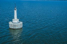 View of the Green Bay Harbor Entrance Light from a helicopter.