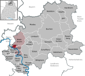 Poziția Zwingenberg pe harta districtului Neckar-Odenwald-Kreis