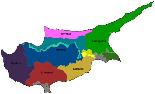 A political map of Cyprus showing the country's district boundaries