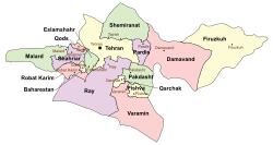 Location of Robat Karim County in Tehran province (center left, pink)