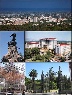 از بالا چپ : from Cerro de la Gloria; Monument to the Army of the Andes, on the summit of Cerro de la Gloria; Provincial Executive Building; Provincial Judiciary and Entry to Parque San Martín