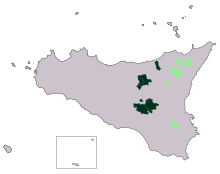 Carte de la Sicile indiquant en vert foncé et pale l'influence des Lombards