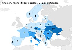 Кількість тролейбусних систем у країнах Європи