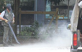 Une souffleuse portative, en nettoyant le sol, disperse dans l'atmosphère de la poussière.