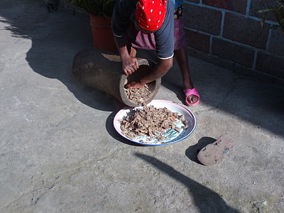 Kororima. The dried fruits have been pulverized so that the seeds may be removed. The ground seed is used as an ingredient in berbere. (Shashamane, Ethiopia)