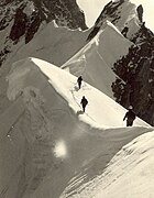 Alternating cornices on the Rochefort-Crest in the Mont Blanc area in the European Alps—always overhanging above the steeper face of the crest