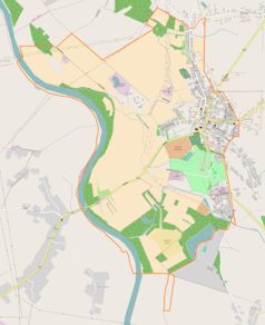 Mapa konturowa Sieniawy, po prawej nieco u góry znajduje się punkt z opisem „Ratusz w Sieniawie”