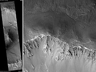 Arandas Crater, as seen by HiRISE. Click on image for a better view of North and South Walls, as well as central hills. Scale bar is 1000 meters long.