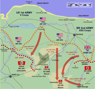 Un diagramma del "vuoto di Caumont" e l'avanzata fatta dalle forze anglo-americane, come scritto in seguito.