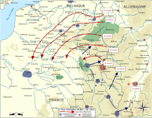 Carte montrant avec des flèches les offensives allemandes prévues en Belgique et dans le Nord de la France.