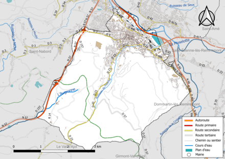 Carte en couleur présentant le réseau hydrographique de la commune