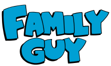 The Family Guy logo: bold blue letters in all caps spelling out "Family Guy" with a small cartoon antenna television used to dot the "i" in "Family"