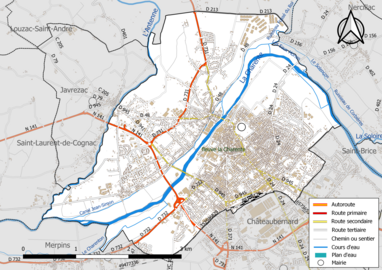 Carte en couleur présentant le réseau hydrographique de la commune