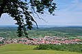 Deutsch: Blick auf Owen vom Wanderparkplatz unter der Burg Teck auf der Schwäbischen Alb. English: Owen in Swabian Jura in the German Federal State Baden-Württemberg.