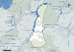 Carte en couleur présentant le réseau hydrographique de la commune