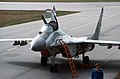 View of a Russian MIG-29 fighter parked on the ramp after a demonstration flight for attendees at the Abbotsford Air Show.